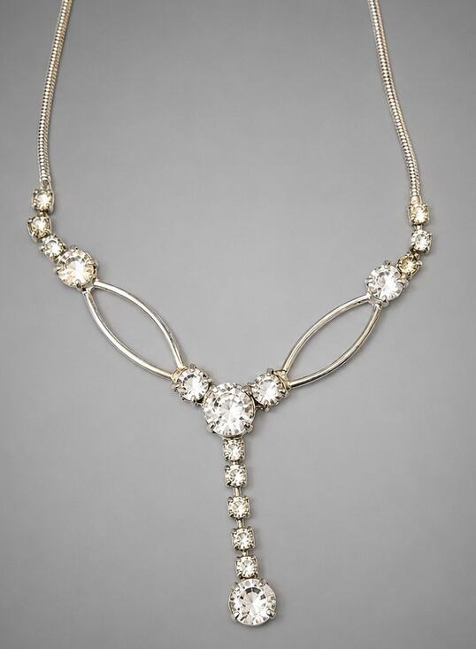 Unbranded Jewelry - Rhinestone Bib Necklace, Silver-tone, Mid-Century Sparkly Drop Pendant wh03-30